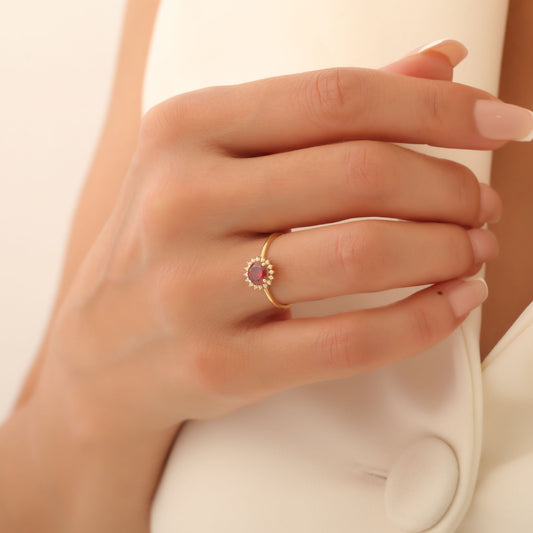 Garnet Ring in Round 8K/10K/14K Solid Gold Shape Surrounded by Real Diamonds, January Birthstone