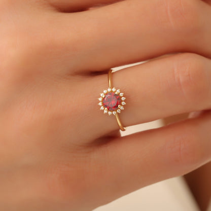 Garnet Ring in Round 8K/10K/14K Solid Gold Shape Surrounded by Real Diamonds, January Birthstone