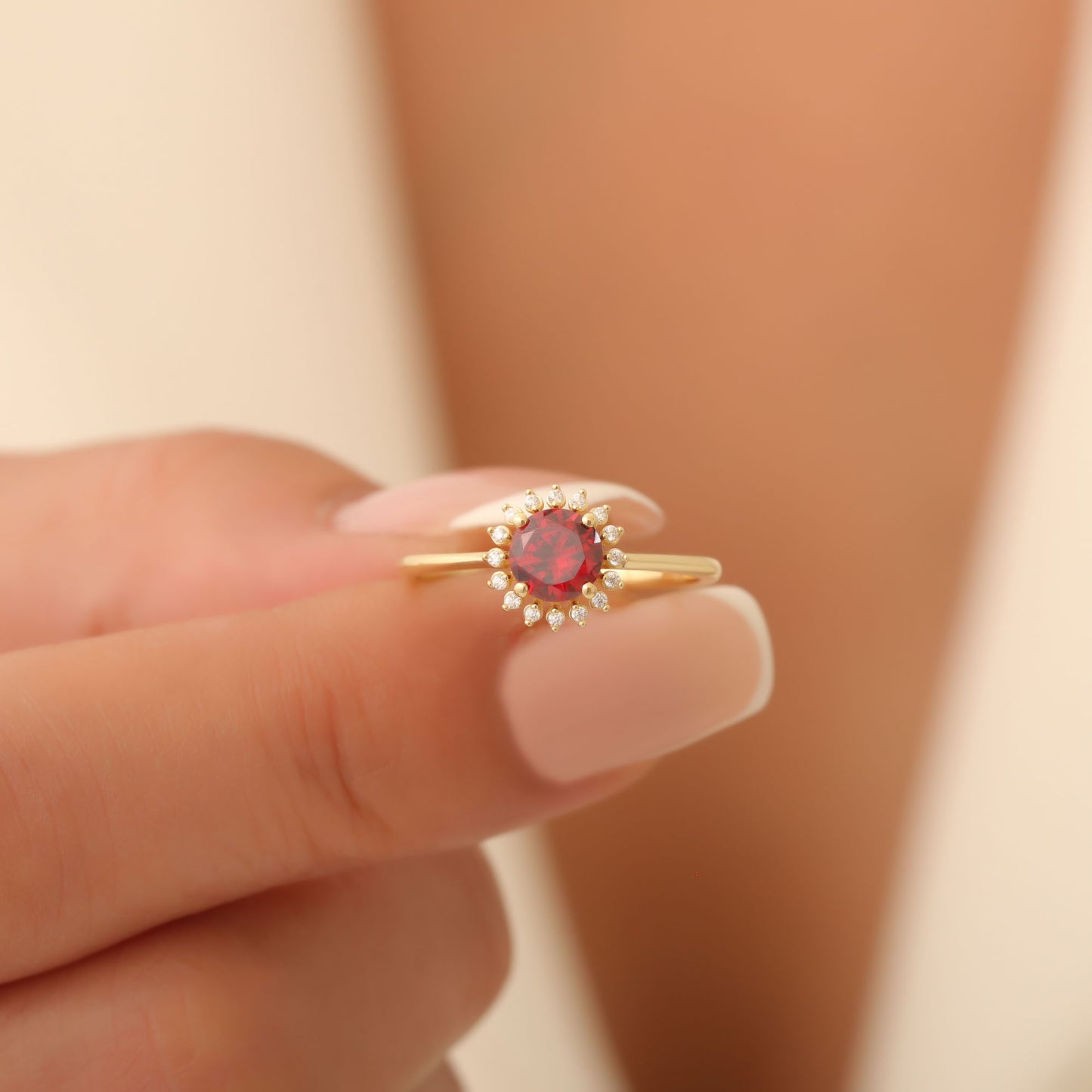 Garnet Ring in Round 8K/10K/14K Solid Gold Shape Surrounded by Real Diamonds, January Birthstone