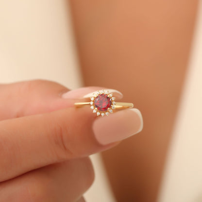 Garnet Ring in Round 8K/10K/14K Solid Gold Shape Surrounded by Real Diamonds, January Birthstone