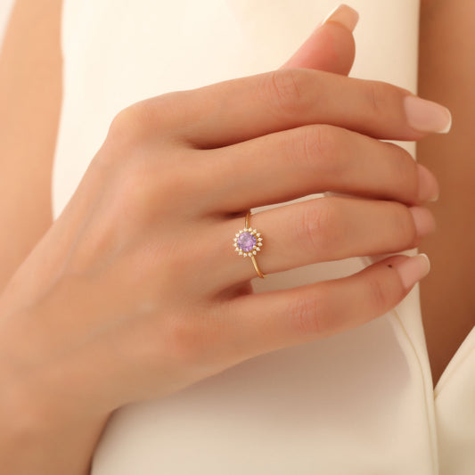 Amethyst Ring in Round 8K/10K/14K Solid Gold Shape Surrounded by Real Diamonds, February Birthstone