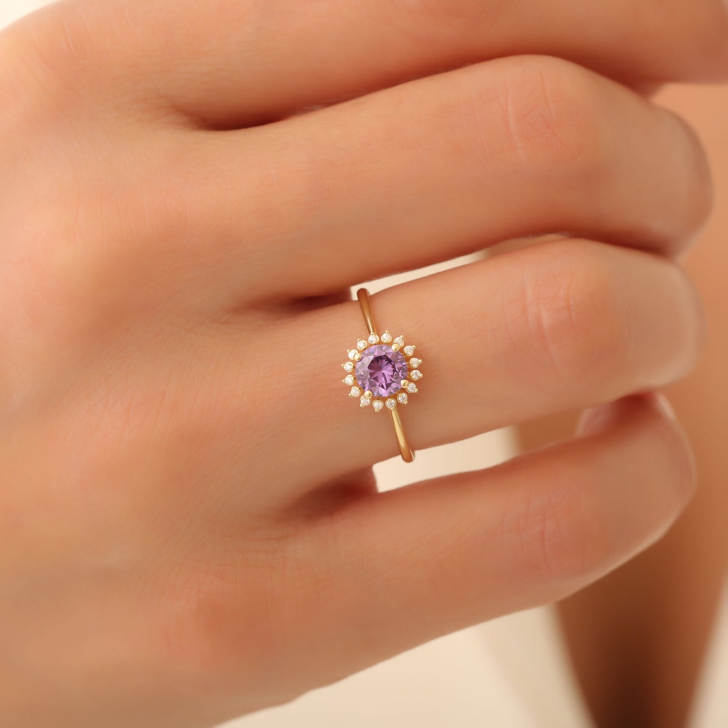 Amethyst Ring in Round 8K/10K/14K Solid Gold Shape Surrounded by Real Diamonds, February Birthstone