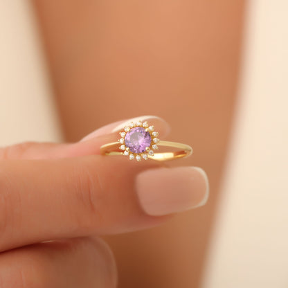 Amethyst Ring in Round 8K/10K/14K Solid Gold Shape Surrounded by Real Diamonds, February Birthstone