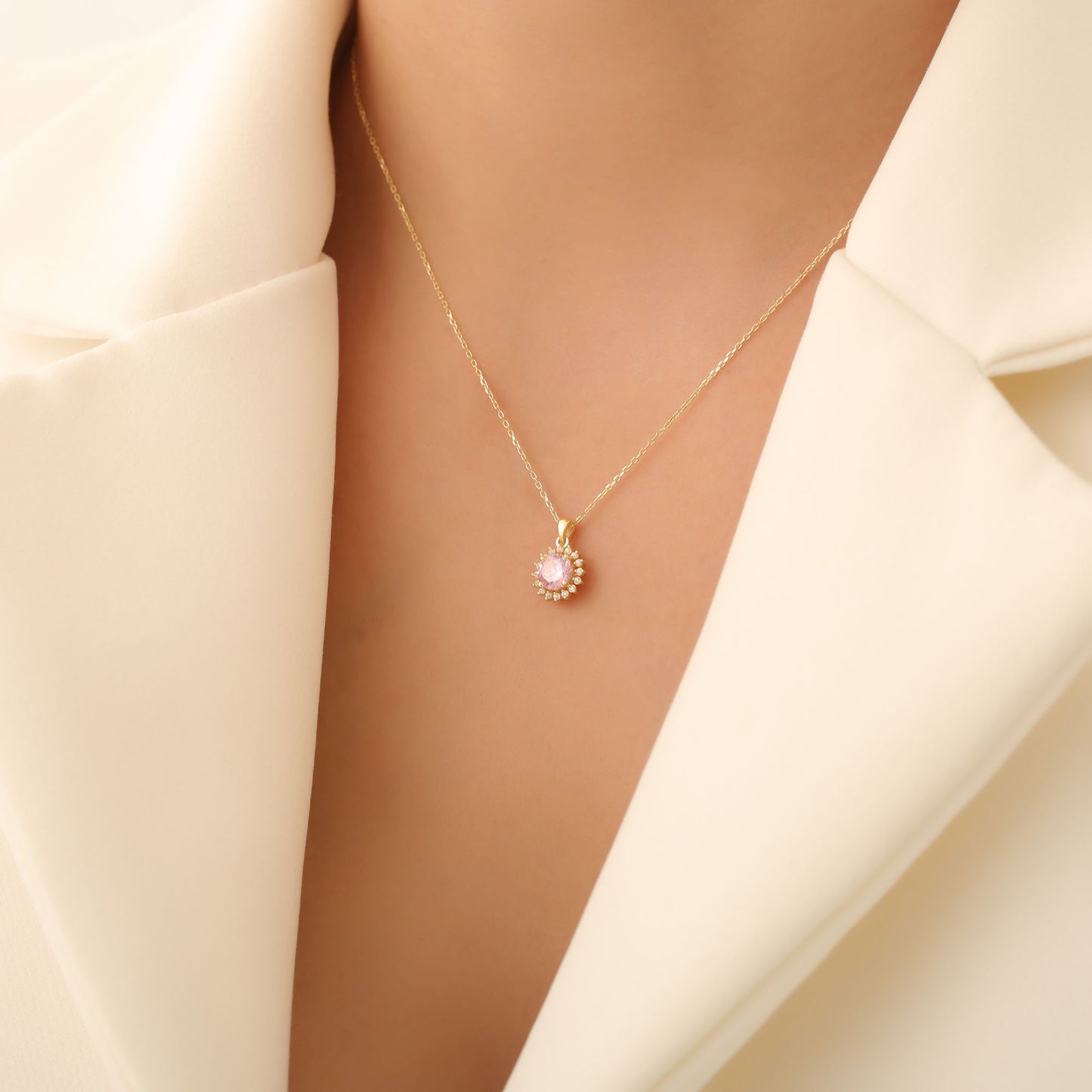 10K/14K Solid Gold Pink Tourmaline Necklace in Round Shape Surrounded by Real Diamonds, Birthstone Jewelry for October Gifts