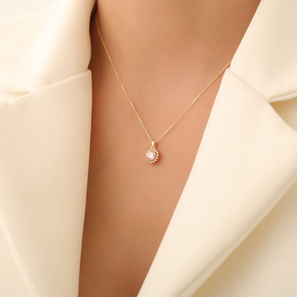 10K/14K Solid Gold Pink Tourmaline Necklace in Round Shape Surrounded by Real Diamonds, Birthstone Jewelry for October Gifts