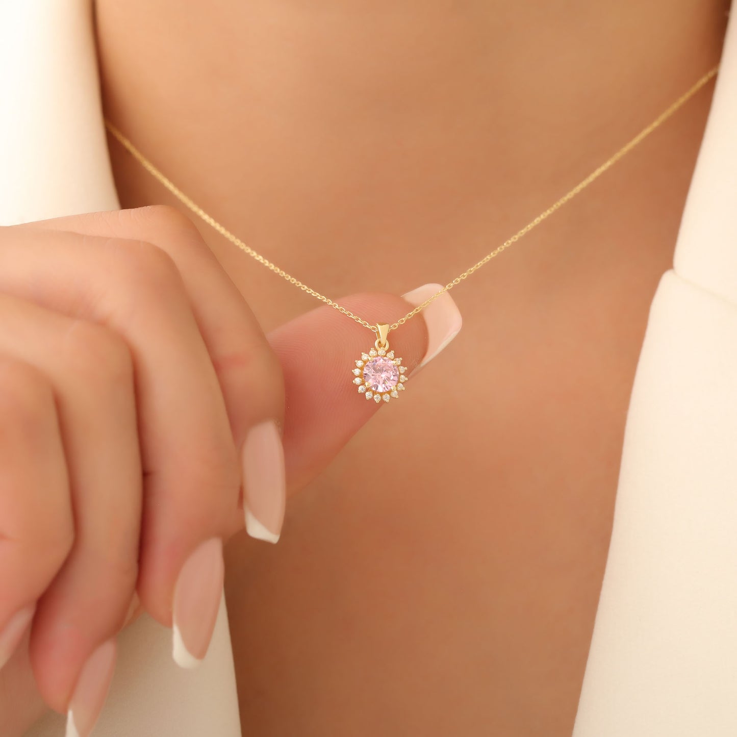 10K/14K Solid Gold Pink Tourmaline Necklace in Round Shape Surrounded by Real Diamonds, Birthstone Jewelry for October Gifts