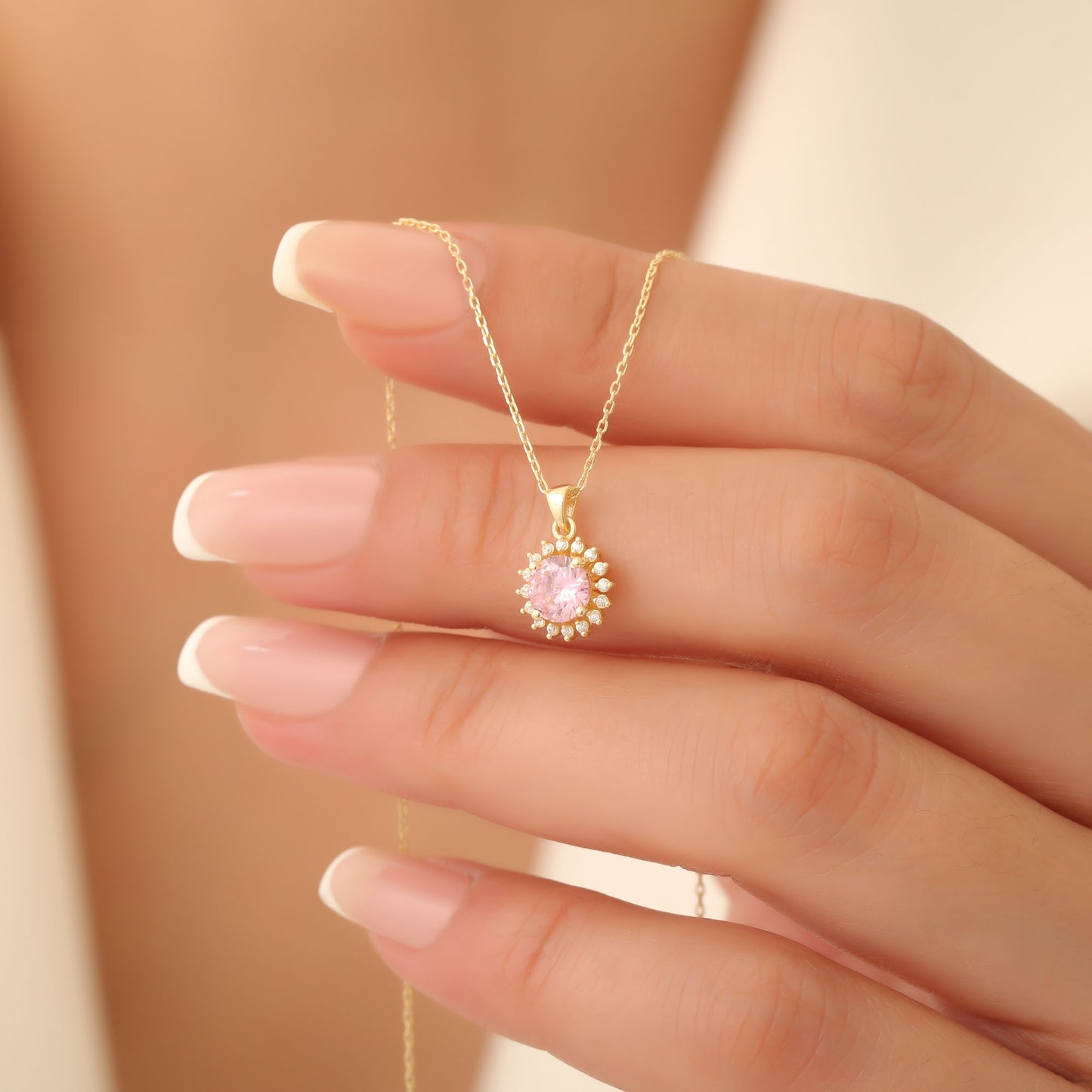 10K/14K Solid Gold Pink Tourmaline Necklace in Round Shape Surrounded by Real Diamonds, Birthstone Jewelry for October Gifts