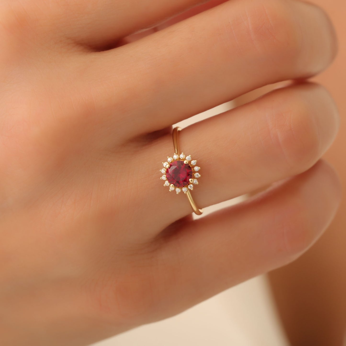 Ruby Ring in Round 8K/10K/14K Solid Gold Shape Surrounded by Real Diamonds, July Birthstone