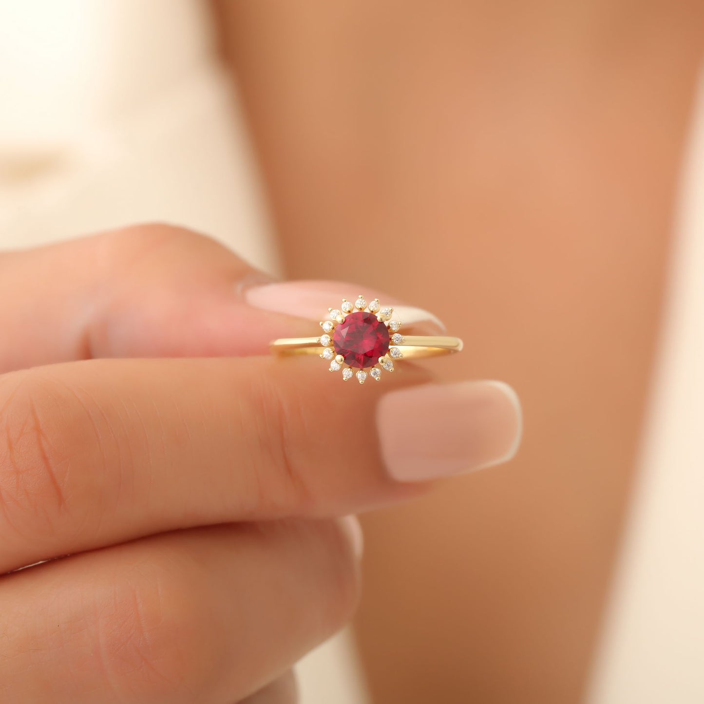Ruby Ring in Round 8K/10K/14K Solid Gold Shape Surrounded by Real Diamonds, July Birthstone