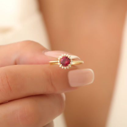 Ruby Ring in Round 8K/10K/14K Solid Gold Shape Surrounded by Real Diamonds, July Birthstone