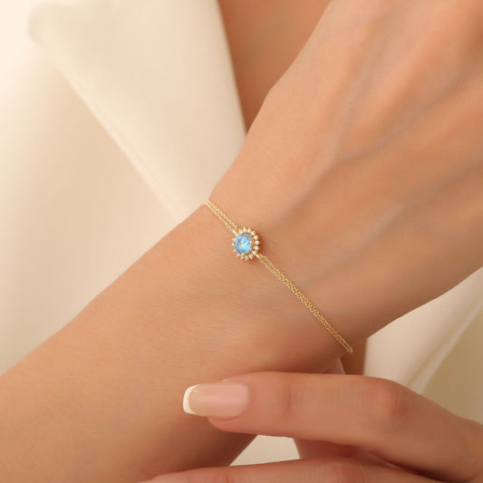 10K/14K Solid Gold Blue Topaz Bracelet in Round Shape Surrounded by Real Diamonds