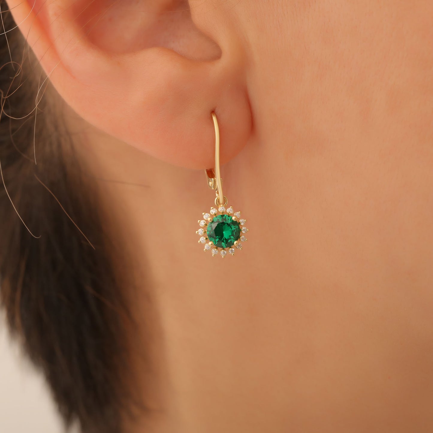 8K/10K/14K Solid Gold Emerald Dangle Earrings in Round Shape Surrounded by Real Diamonds, May Birthstone Jewelry
