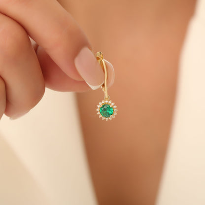 8K/10K/14K Solid Gold Emerald Dangle Earrings in Round Shape Surrounded by Real Diamonds, May Birthstone Jewelry
