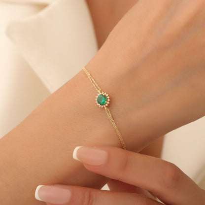 10K/14K Solid Gold Emerald Bracelet in Round Shape Surrounded by Real Diamonds, May Birthstone Jewelry