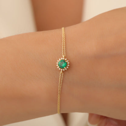 10K/14K Solid Gold Emerald Bracelet in Round Shape Surrounded by Real Diamonds, May Birthstone Jewelry