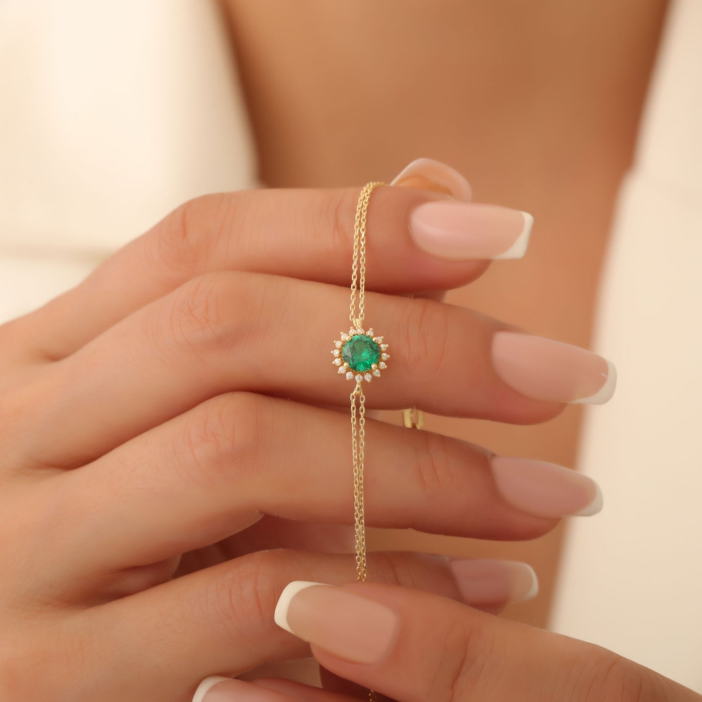 10K/14K Solid Gold Emerald Bracelet in Round Shape Surrounded by Real Diamonds, May Birthstone Jewelry