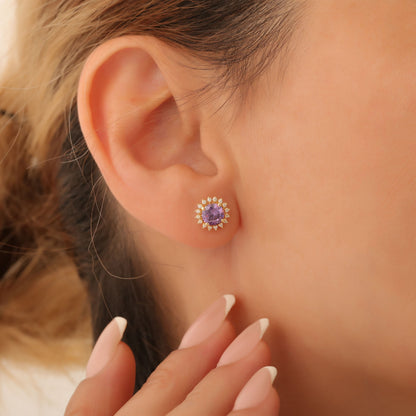 10K/14K Solid Gold Amethyst Stud Earrings in Round Shape Surrounded by Real Diamonds, February Birthstone Jewelry