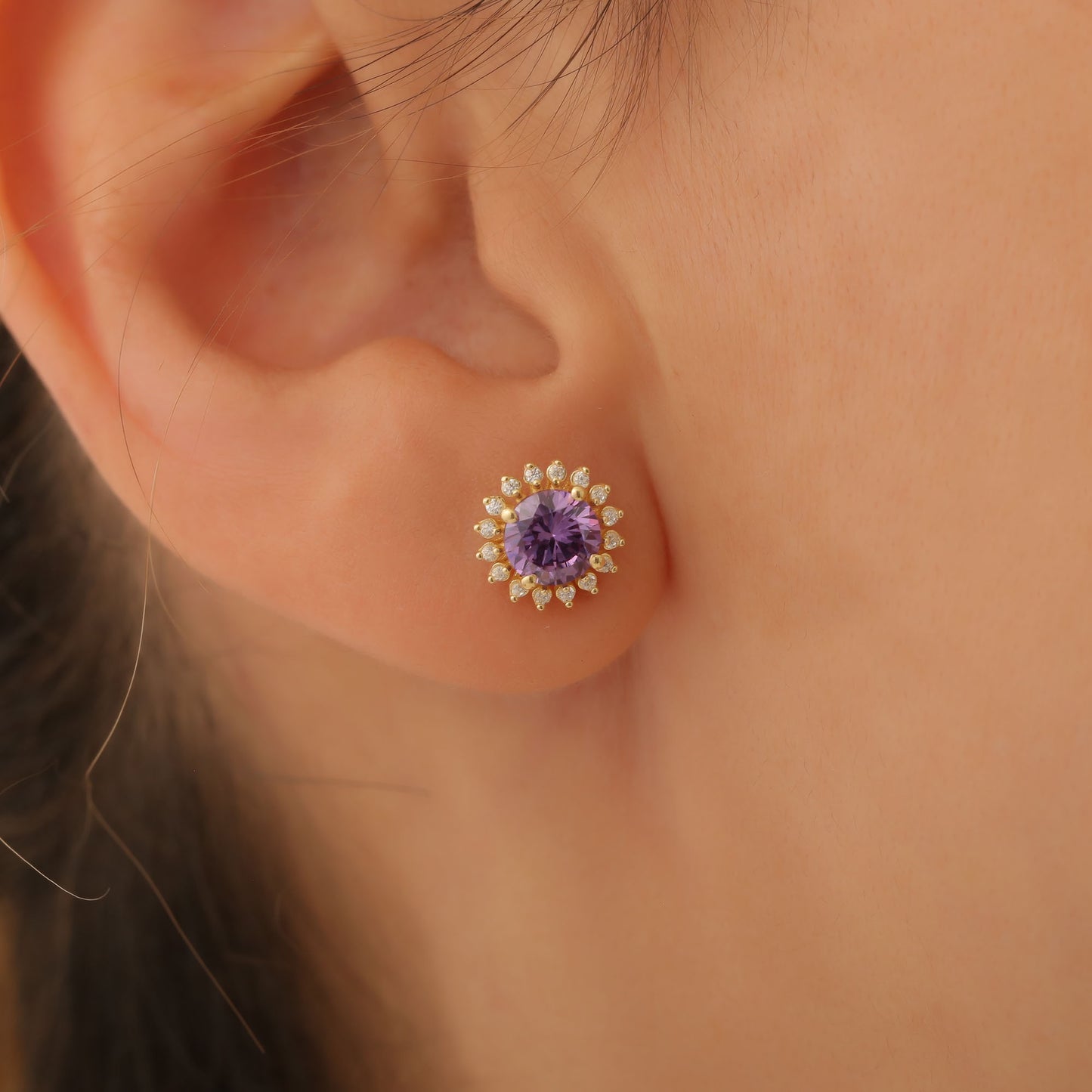 10K/14K Solid Gold Amethyst Stud Earrings in Round Shape Surrounded by Real Diamonds, February Birthstone Jewelry