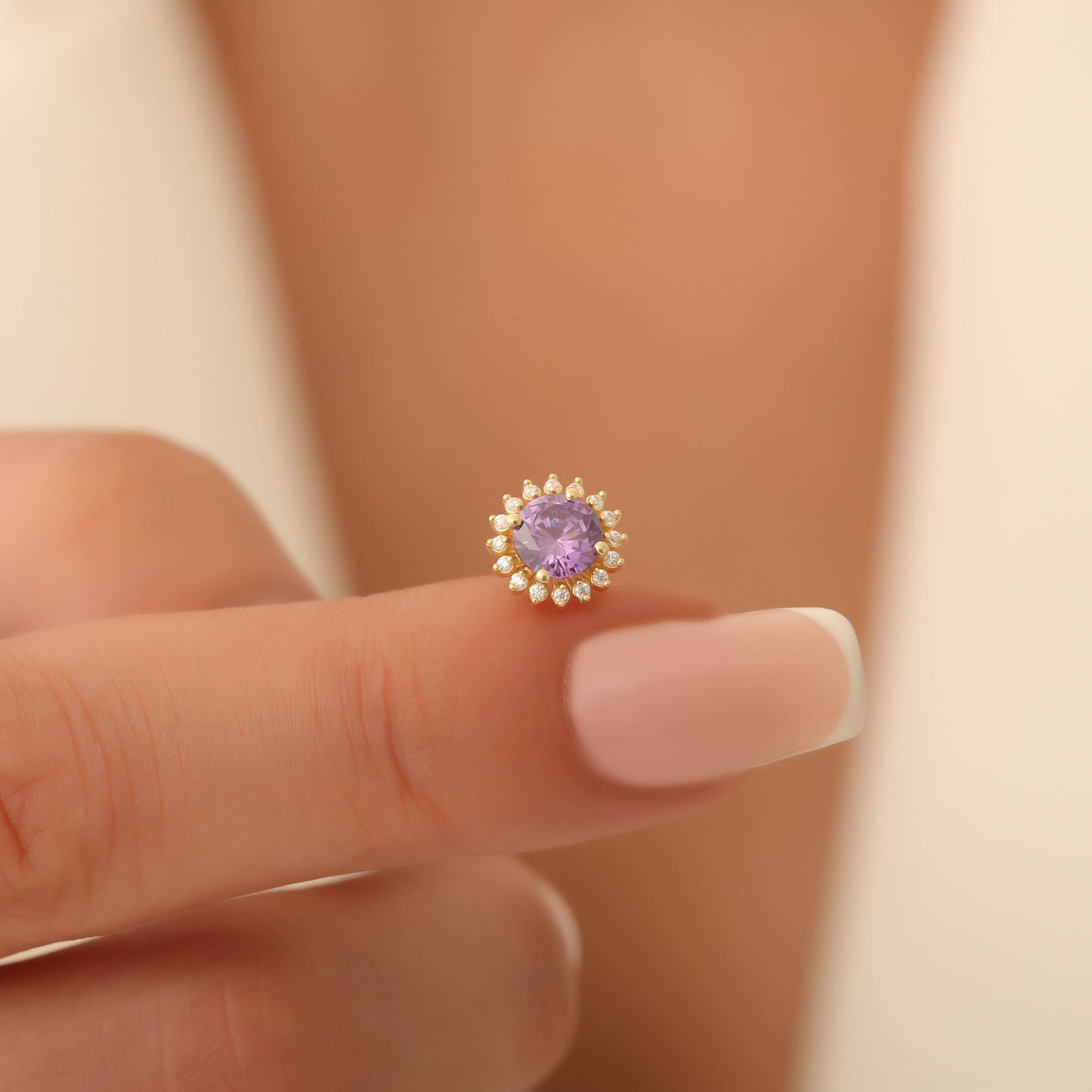 10K/14K Solid Gold Amethyst Stud Earrings in Round Shape Surrounded by Real Diamonds, February Birthstone Jewelry