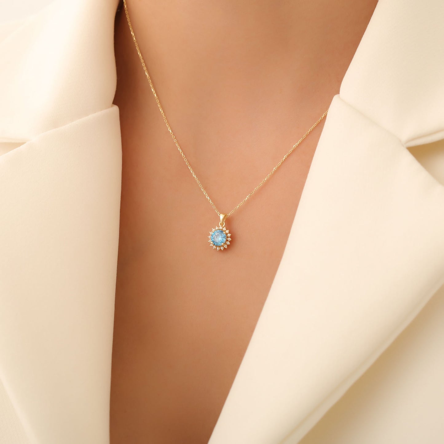 10K/14K Solid Gold Blue Topaz Necklace in Round Shape Surrounded by Real Diamonds, Timeless Birthstone Jewelry for December Gifts