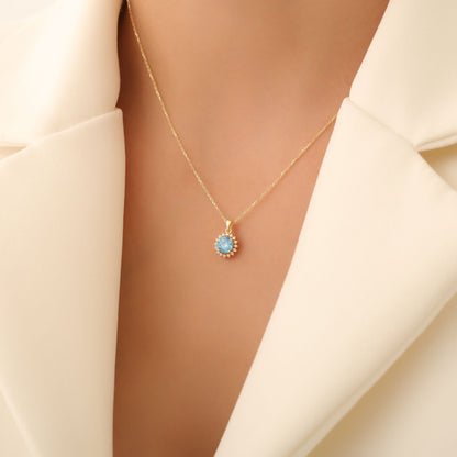 10K/14K Solid Gold Blue Topaz Necklace in Round Shape Surrounded by Real Diamonds, Timeless Birthstone Jewelry for December Gifts