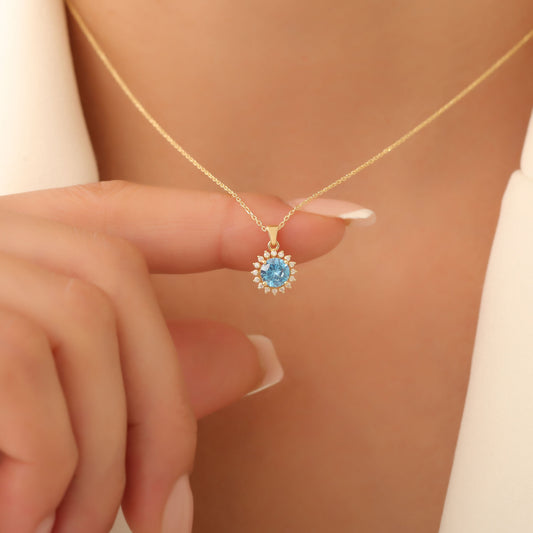 10K/14K Solid Gold Blue Topaz Necklace in Round Shape Surrounded by Real Diamonds, Timeless Birthstone Jewelry for December Gifts