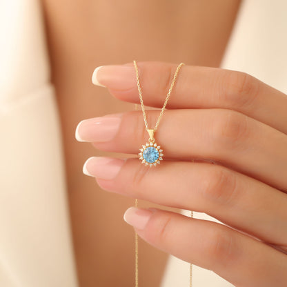 10K/14K Solid Gold Blue Topaz Necklace in Round Shape Surrounded by Real Diamonds, Timeless Birthstone Jewelry for December Gifts