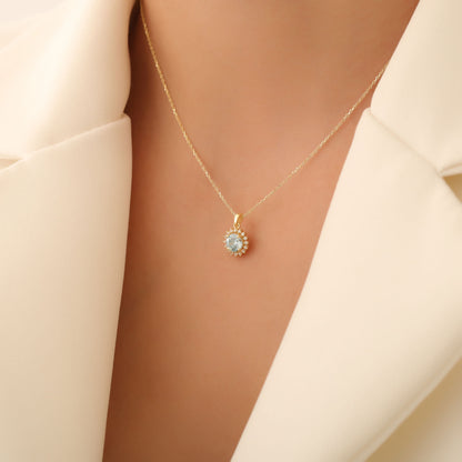 10K/14K Solid Gold Aquamarine Necklace in Round Shape Surrounded by Real Diamonds, Timeless Birthstone Jewelry for March Gifts