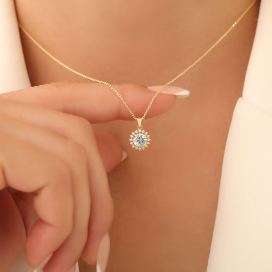 10K/14K Solid Gold Aquamarine Necklace in Round Shape Surrounded by Real Diamonds, Timeless Birthstone Jewelry for March Gifts