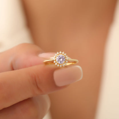 Alexandrite Ring in Round 8K/10K/14K Solid Gold Shape Surrounded by Real Diamonds, June Birthstone