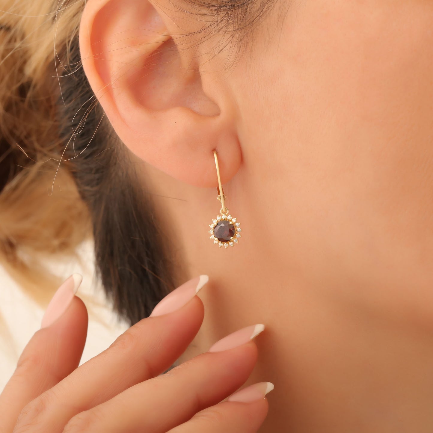 8K/10K/14K Solid Gold Smoky Quartz Dangle Earrings in Round Shape Surrounded by Real Diamonds