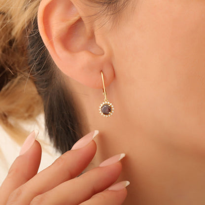 8K/10K/14K Solid Gold Smoky Quartz Dangle Earrings in Round Shape Surrounded by Real Diamonds