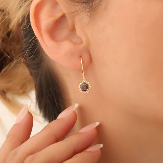 8K/10K/14K Solid Gold Smoky Quartz Dangle Earrings in Round Shape Surrounded by Real Diamonds