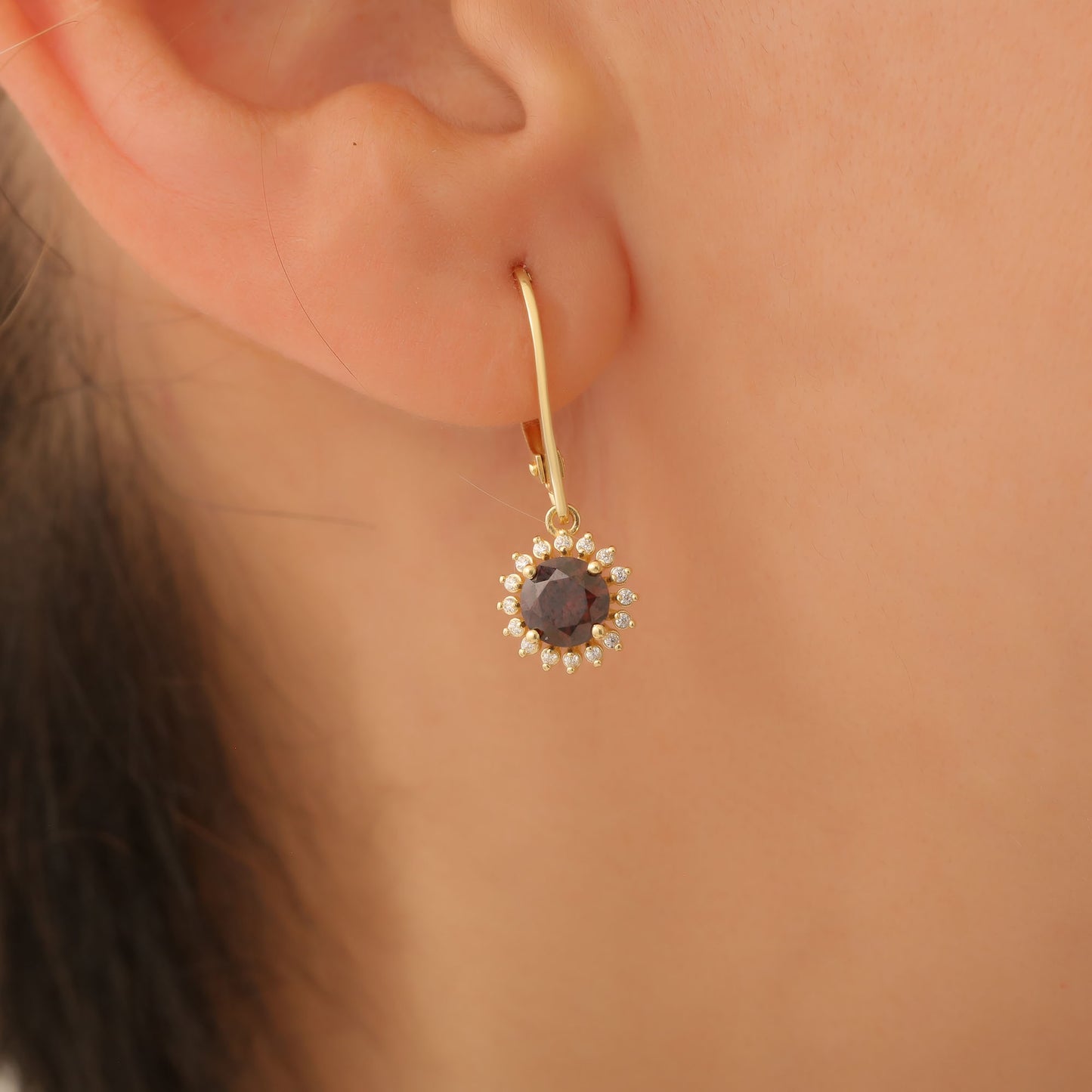 8K/10K/14K Solid Gold Smoky Quartz Dangle Earrings in Round Shape Surrounded by Real Diamonds