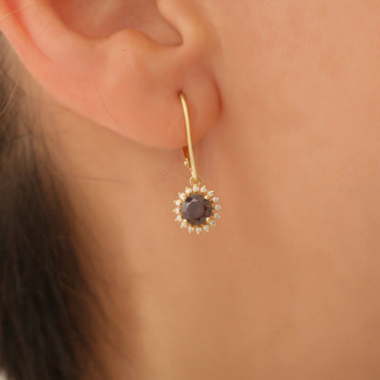 8K/10K/14K Solid Gold Smoky Quartz Dangle Earrings in Round Shape Surrounded by Real Diamonds