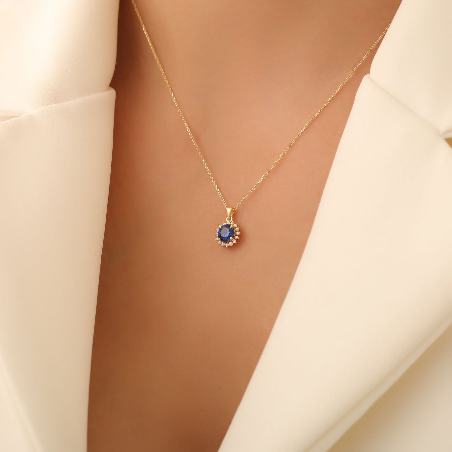10K/14K Solid Gold Sapphire Necklace in Round Shape Surrounded by Real Diamonds, Birthstone Jewelry for September