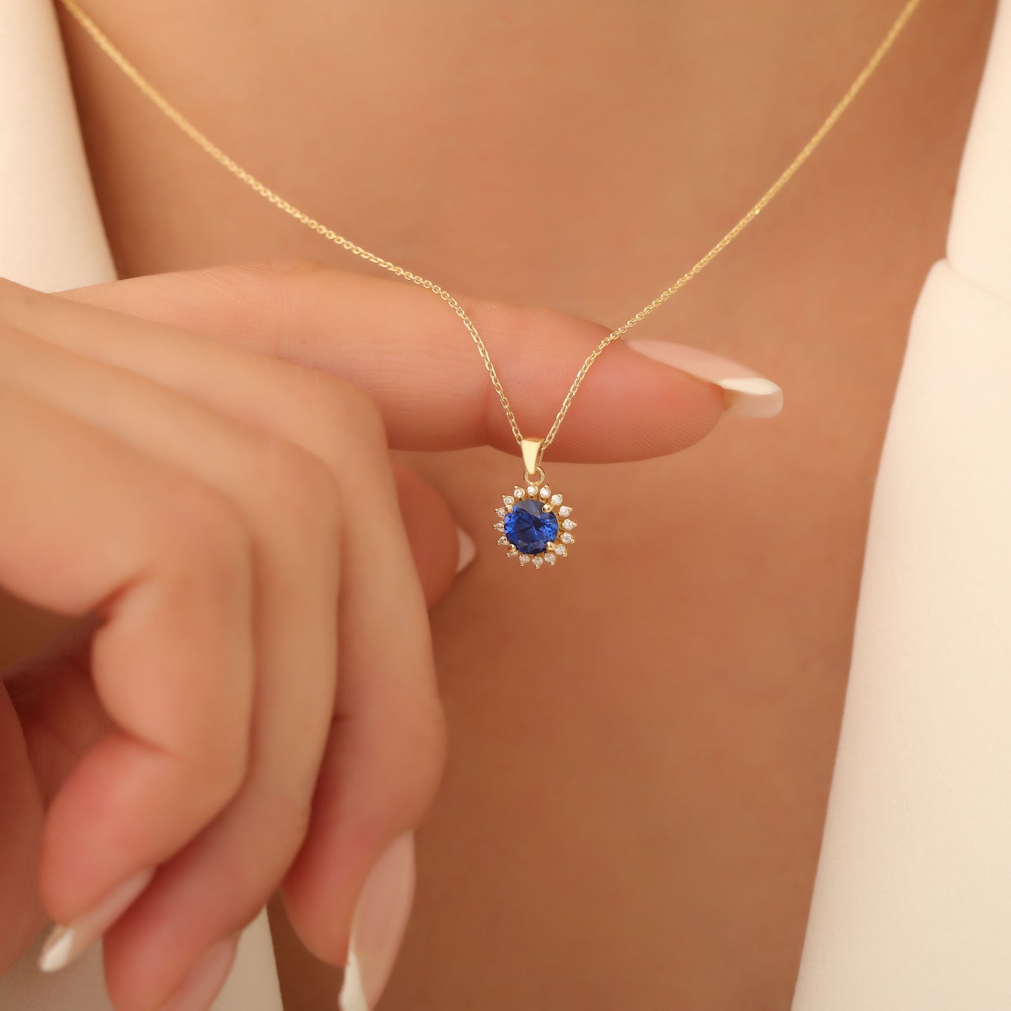 10K/14K Solid Gold Sapphire Necklace in Round Shape Surrounded by Real Diamonds, Birthstone Jewelry for September