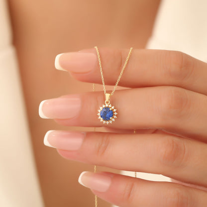 10K/14K Solid Gold Sapphire Necklace in Round Shape Surrounded by Real Diamonds, Birthstone Jewelry for September