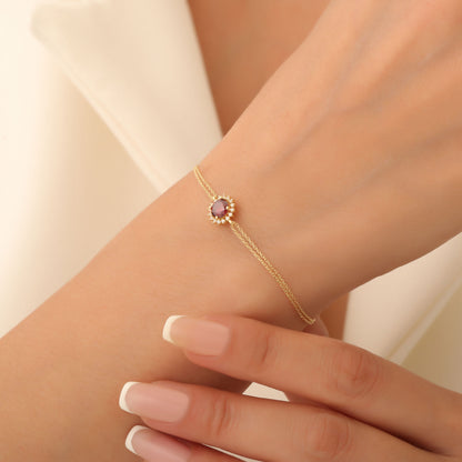 10K/14K Solid Gold Garnet Bracelet in Round Shape Surrounded by Real Diamonds