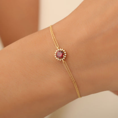 10K/14K Solid Gold Garnet Bracelet in Round Shape Surrounded by Real Diamonds