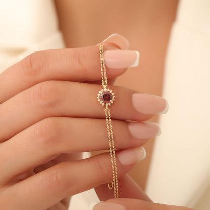 10K/14K Solid Gold Garnet Bracelet in Round Shape Surrounded by Real Diamonds