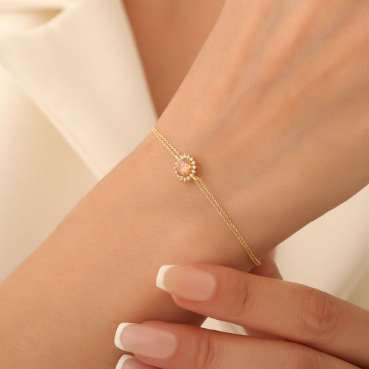 10K/14K Solid Gold Citrine Bracelet in Round Shape Surrounded by Real Diamonds