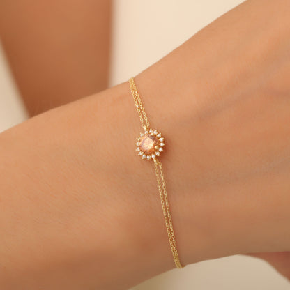 10K/14K Solid Gold Citrine Bracelet in Round Shape Surrounded by Real Diamonds