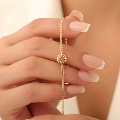 10K/14K Solid Gold Citrine Bracelet in Round Shape Surrounded by Real Diamonds