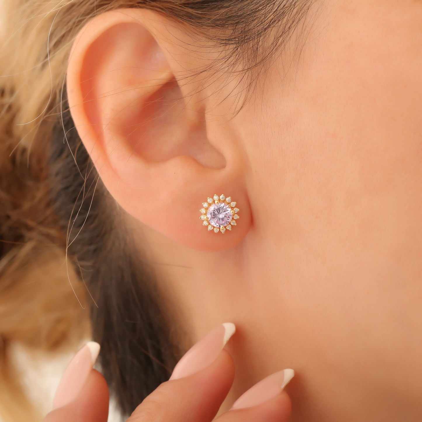 10K/14K Solid Gold Alexandrite Stud Earrings in Round Shape Surrounded by Real Diamonds, June Birthstone Jewelry