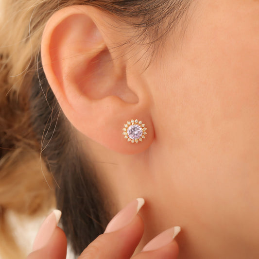 10K/14K Solid Gold Alexandrite Stud Earrings in Round Shape Surrounded by Real Diamonds, June Birthstone Jewelry