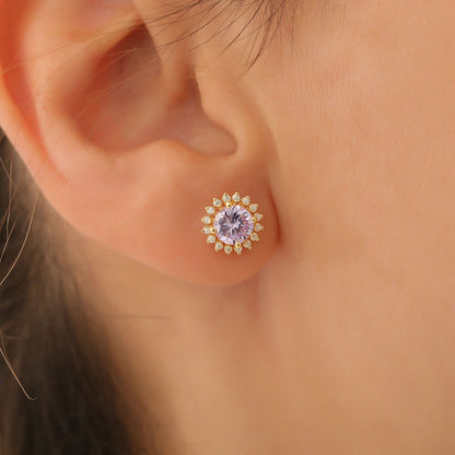 10K/14K Solid Gold Alexandrite Stud Earrings in Round Shape Surrounded by Real Diamonds, June Birthstone Jewelry