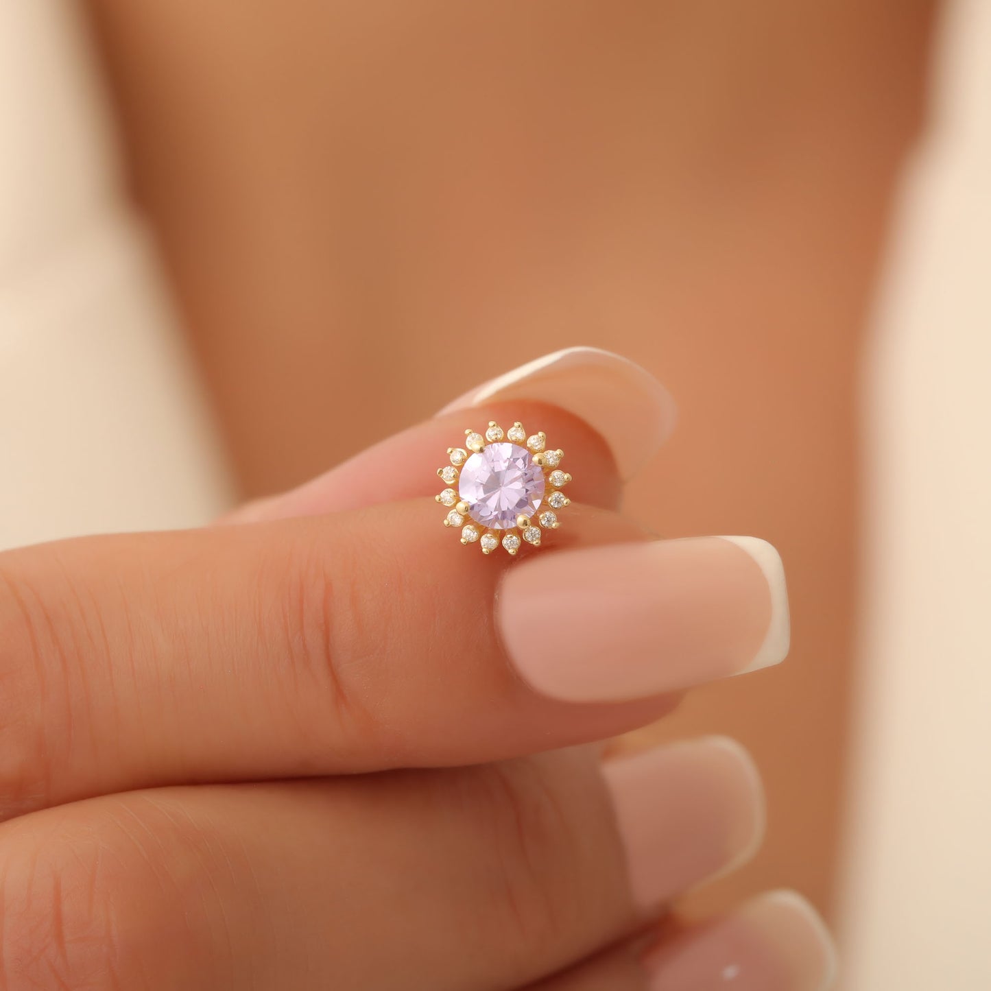 10K/14K Solid Gold Alexandrite Stud Earrings in Round Shape Surrounded by Real Diamonds, June Birthstone Jewelry