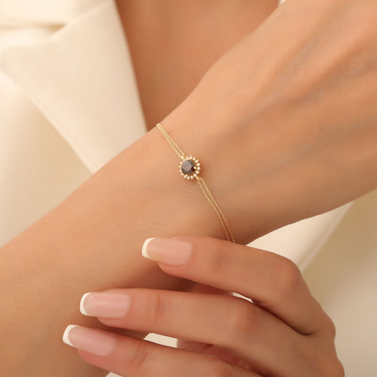 10K/14K Solid Gold Smoky Quartz Bracelet in Round Shape Surrounded by Real Diamonds