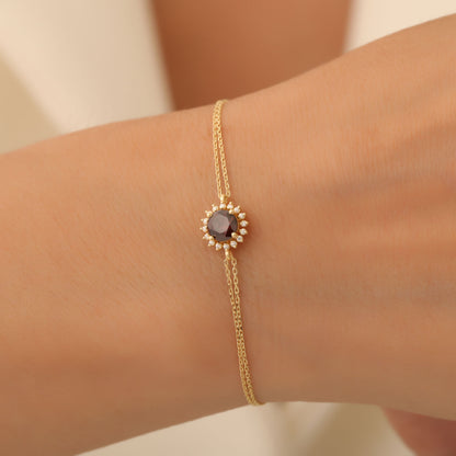 10K/14K Solid Gold Smoky Quartz Bracelet in Round Shape Surrounded by Real Diamonds